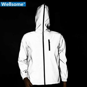 Män Full Reflekterande Windbreaker Hip Hop Reflekterande Streetwear Noctilucent Hooded Jacket Vattentät Jacka Man Hooded Coats Mens X0621