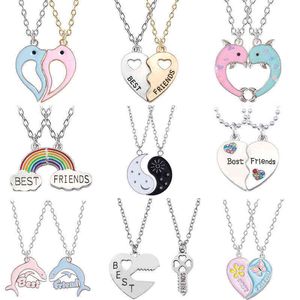 2 Pc Fashion Trendy Best Friends Honey Love Couple Pendant Necklace Rainbow Broken Heart For Women Chain BFF Friendship Jewelry G1206