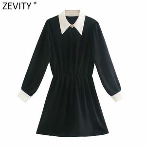 Zevity Womenファッションホワイトカラーパッチワークブラックミニドレスオフィスレディース長袖ボタンシックビジネスVestido DS4732 210603