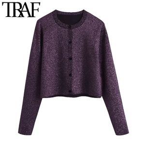 Mulheres Moda Brilhante Cropped Corrida Cardigan Sweater Vintage Manga Longa Button-Up Feminino Outerwear CHIC Tops 210507