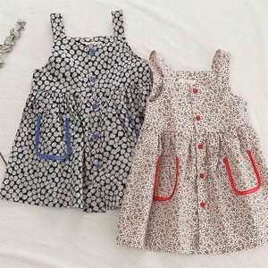 Sommer Mädchen Kleid Nette Koreanische Blumen Taschenknöpfe Leibchen Prinzessin Party Kinder Baby Kinder Mädchen Kleidung 210625