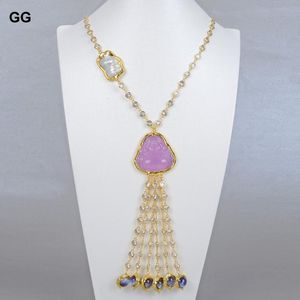 Smycken naturlig vit keshi pärla guld färgad glasyr glas lila jades buddha hänge cz kedja halsband 21 '' för kvinnokedjor