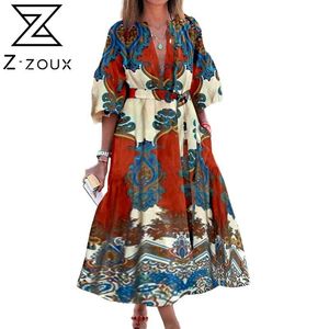 Kobiety Dress Digital Printing Bohemia Sexy Długi Długie Kwiatowe Maxi Es Głębokie V Neck Lace Up Ladies ES 210524