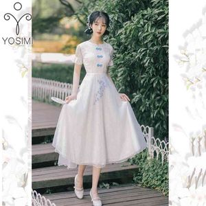 YOSIMI White Voile and Lace Women Dress Elegant Summer Chinese Style Cheongsam Blue Embroidery Short Sleeve Party Dresses 210604