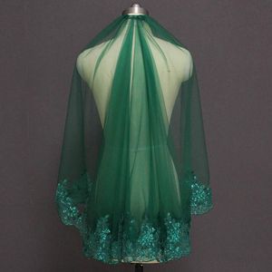 Veli da sposa Velo da sposa corto verde Musulmano islamico Uno strato di paillettes Pizzo con pettine 2021 Voile Mariage Sposa