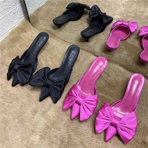 2021 Spring Pointed Toe Stiletto Heel Kitten Heels Bow Heel-Free Tofflor för Kvinnor Y0427