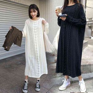 Oversized Apricot Knitted Dress Female Autumn Vintage Elegant O-neck Long Sweater Dress Vestidos Korean Loose Harajuku Dresses Y1204