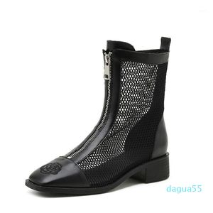 ブーツレディースローヒールの足首のための女性の夏のメッシュの高い黒いフロントジッパーの靴ボトTalons femme1