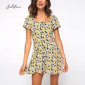 Casual Button Up Mini Dresses for Women Summer Womens Floral Print Vintage Sundress Female Colrag Kort ärmklänning 210415