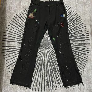 Prawdziwe zdjęcia główna ulica kolor łączone sprane dżinsy męskie Oversize szerokie nogawki proste spodnie jeansowe Flare Retro luźne spodnie typu casual