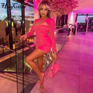 Hugcitar 2021 Solidna siatka Długie Rękawy Kwadratowy Kołnierz Wycięcie Drapowane Seksowna Mini Dress Fall Women Fashion Eleganckie Wear Party Club Y1204