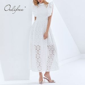 Summer Women White Lace Long See przez Hollow Out Crochet Sexy Sweet Maxi Beach Party Dress Duży rozmiar 210415