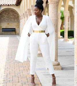 African Women White Jumpsuit Evening Dress With Pockets Deep V-Neck Cape Sleeve Prom Party Gowns pant suit Occasion Wear