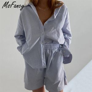 MSFANCY Yaz Kısa Set Uzun Kollu Gömlek Pijama Mavi Çizgili Yüksek Bel Şort Mujer Iki Parçalı Set 211106
