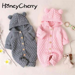 Inverno Bebé Menina Romper Children's Bola de Lã Boletado Capuz Jumpsuit Roupas Menino Macacões 210702