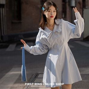 Doll collar ruffled waist dress women short shirt skirt mini summer Korean fashion 's clothing 210520