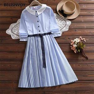 Estilo Preppy Primavera Mulheres Fresco Vestido Bonito Peter Pan Collar listrado Retalhamento Algodão Coreano Kawaii Mori Menina Outono 210520