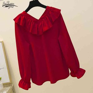 Increspature con scollo a V davanti e dietro della ragazza di grandi dimensioni Autunno Top in chiffon che copre la pancia in stile coreano Plus Size 4XL Camicetta 10223 210427