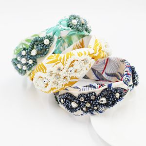 Rhinestone Band Liść Drukowanie Krzyż Wide Side Headbands dla kobiet Dziewczyny Band Hoops Outdoor Travel Włosy Akcesoria