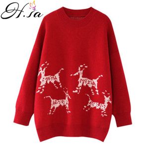 H.SA Loose Casual and Crew Neck Christmas Deer Red Sweater Tops Warm Thick Winter Pull Jumpers pullover women 210417