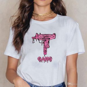 الأزياء المتناثرة نمط طباعة t-shirt الإناث نماذج الوردي uzi نمط الطباعة تي شيرت قصيرة الأكمام قميص XL أنثى تي شيرت WC32