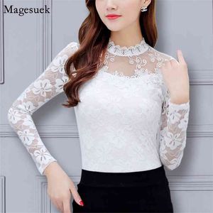 Spring Lace Floral White Blouse Women Casual Stand Collar Long Sleeve Shirt Tops Vinatge Solid Ladies Blusas 2305 50 210512