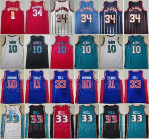 Vintage koszulki do koszykówki Michael Mike Bibby Grant Hill 33 Isiah Thomas 11 Dennis Rodman 10 Tracy McGrady 1 Hakeem Olajuwon 34 Sport koszule nosi retro mężczyzn fanów sportowych