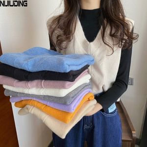 Mulheres sólidas meia turtleneck botting tops com vice-pescoço truque lã camisola veste atumn mola tricotada coletes feminina 210514