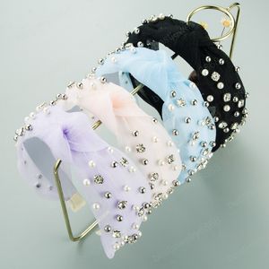 Elegante Koreanische Netting Bowknot Stirnband Temperament Imitation Perle Kristall Perlen Twisted Haarband Mädchen Party Lünette
