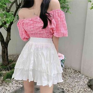 Summer Two Piece Set Women Korean Pink Plaid Slash Neck Shirt Top + White Cake Mini Skirt Casual Elegant Sweet Suit 210519