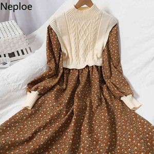 Neploe Patchwork Kadınlar Için Örme Crobed Elbiseler Mizaç Kadife Çiçek Vestidos Lace Up Robe Kore Elbise Kadın 210422