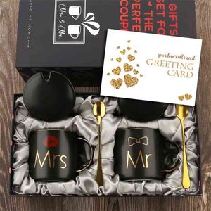 Mr and Mrs Coffee Mugs Cups Gift-Set for Engagement Wedding Bridal Shower Bride Groom To Be lyweds Couples Black Ceramic 210804