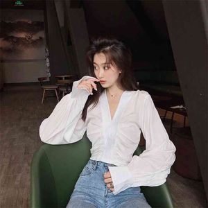 Women's Spring Short Autumn Blouse Lantern Sleeve Solid Long-sleeved V-neck Pleated Shirts Woman Female Tops PL059 210506