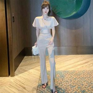 Pants suit summer sexy V-neck ruffled short jacket was thin two-piece trousers Office Lady Polyester Knee-Length 210416