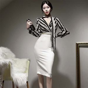 Büro Streifen Kleid Koreanische Damen Langarm V-ausschnitt Sexy Club Bodycon Kleider für frauen china kleidung 210602