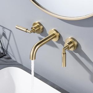 Wholesale two handle faucets resale online - Luxury Brushed Gold Top Quality Brass Wall Mounted Two Handles Bathroom Sink Faucet Cold Water Basin High Tap Faucets