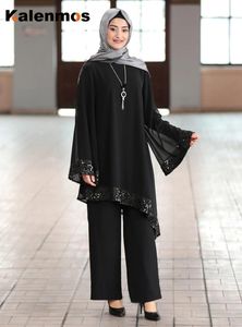 Ramadan Dubai Abaya Women 2 Piece Set Muslim Hijab Topsand Wide Ben Byxor UAE Turkij Passar Islamiska Kläder Kaftan Robe Två Klänningar