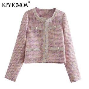 Kpytomoaの女性のファッションパッチワークチェックトゥードジャケットコートビンテージ長袖擦り切れトリム女性の上着シックトップ210914