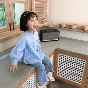 Korean style autumn casual Frilly solid color long sleeve doll shirts for girls cotton loose puff Tops 210508