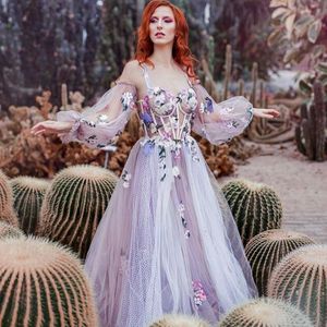 Vestidos de festa Alça espaguete Vestido de formatura Flores Mangas transparentes Aplique Estampado floral em camadas tule tule noite para mulheres 2022