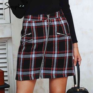 Elegant front dragkedja Tweed Winter Women Fashion Multi Plaid Cute for Ladies Autumn Foder Mini Skirt 210414