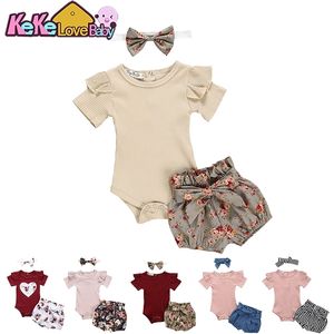 Baby Girl Roupa De Verão Verão Color Sólido Manga Curta Romper Flower Shorts Headband 3 Pcs Outfit Nascido Roupas Infantil Nascido 210816