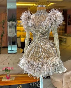 Luxury Beading Feather Short Cocktail Dresses High Neck See Thru Crystals Homecoming Dress With Long Flare Sleeves278y