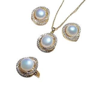Perlen-set 9mm großhandel-8 mm weiße natürliche perle anhänger halsketten armbänder ohrstecker set frauen geschenk brautschmuck