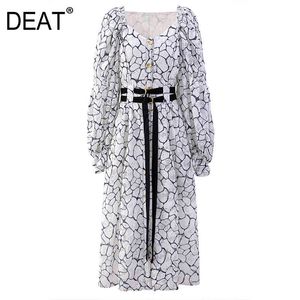 Spring And Summer Fashion Women Sqaure Collar Lantern Sleeves Printed High Waist Pullover Dresses Female GX1092 210421