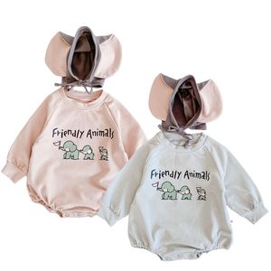 born Boys Clothes Autumn Girls Bodysuits Long Sleeve Infant Cute Elephant Print Baby Bodysuit +Hat Twins Clothing 210417