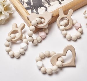 INS Baby cartoon silicone teether wood beads bracelets soothers for infant kids toys boys rattles girls gift Q3064