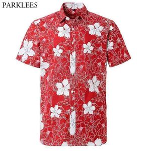 Red Hawaiian Shirts Men Summer Floral Print 100% Cotton Beach Shirts Mens Party Holiday Vacation Clothing Chemise Homme 210522