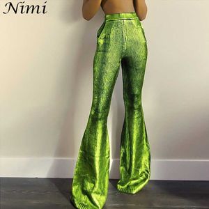 Nimi LCEドレープカジュアルフレア女性緑のズボンのレディタイトヒップリフト夏の新しいファッションパンツ弾性ストリートウェアの衣装Q0801