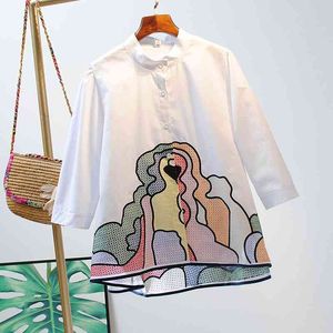 Vanovich Üç Çeyrek Kol Yaz Kadın Gömlek Nakış Pluz Boyutu Yabani Casual Hırka Giyim 210615